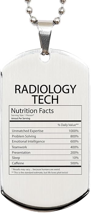 DesiDD Funny Radiology Tech Gifts - Nutrition Facts Dog Tag Necklace for Coworker X-Ray Technician Employee Diagnostic Men, Women - Silver Stainless Steel Pendant - Christmas, Birthday
