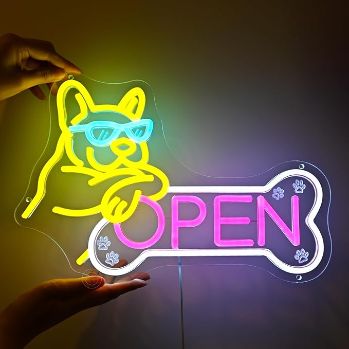 Britrio Pet Shop Open Neon Sign Dog Wall Decor for Pet Grooming Salon Open LED French Bulldog Neon Light Art for Pet Shop Business Welcome Sign Pet Hospital Pet Spa Animal Clinics Decoration 5V USB