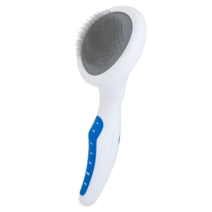 JW Pet Gripsoft Dog Soft Pin Slicker Brush with Non-Slip Rubber Grip (Angled Stainless Steel Tines), Dog Grooming Brush, Assorted Colors, Large, 10"