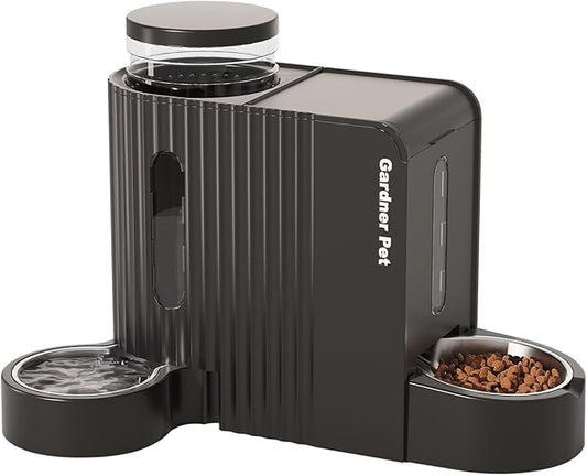 Gardner Pet Gravity Automatic 2-in-1 Pet Feeder, 0.8 Gallons*2 Cat Feeder and Water Dispenser Set, 100% BPA-Free and Stainless Steel Water Bowl for Dogs, Cats, Rabbits, Puppies (Black)