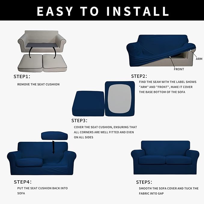 Easy-Going 100% Dual Waterproof 3 Pieces Oversized Loveseat Cover Stretch Soft Couch Cover for Dogs, Sofa Slipcover for 2 Separate Cushion Couch Leakproof Furniture Protector for Kids, Pets Navy