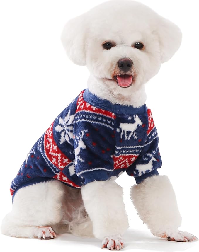 FabriCastle Christmas Dog Sweater, 2-Pack Dog Clothes, Ultra Soft and Warm Pet Jackets for Small Dogs & Cats, Winter Pet Apparel Costumes, Puppy Outfits (Red,Blue, Small)