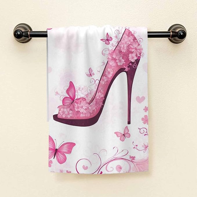 HGOD DESIGNS Pink Flower Hand Towels,Butterflies Sexy High Heel Pink Flower 100% Cotton Soft Bath for Bathroom Kitchen Hotel Spa 15"X30"