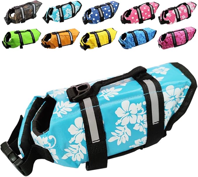 Dog Life Jacket Easy-Fit Adjustable Belt Pet Saver Swimming Safety Swimsuit Preserver with Reflective Stripes for Doggie (XX-Small, Flowers and Blue)