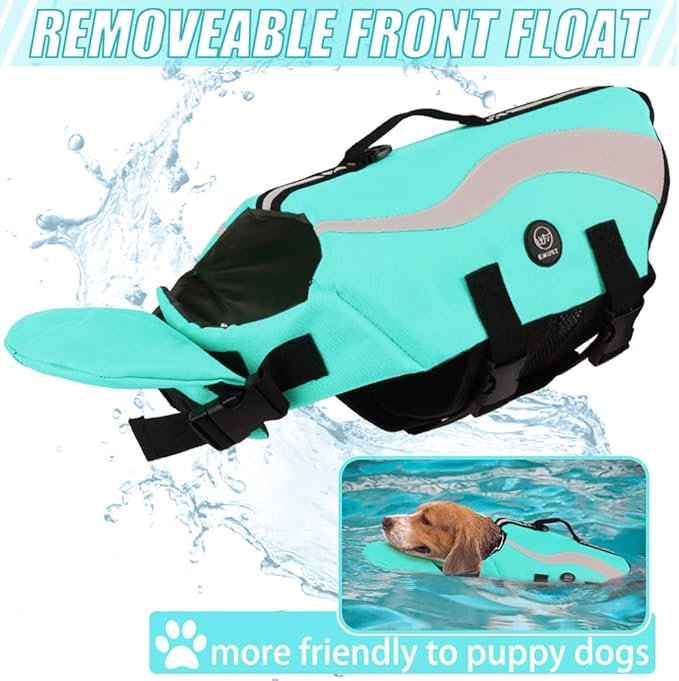 EMUST Dog Flotation Vest, Reflective Life Jacket for Small Dogs with Rescue Handle, Small Dog Vests Lifesaver for Swimming Boating Water with Front Neck Float,Turquoise,S
