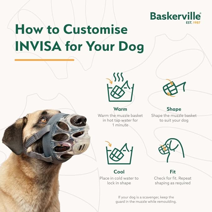 Baskerville INVISA Basket Dog Muzzle - Patented Humane Design with Facial Visibility, Padded Nose Band, Dog can Pant and Drink, Prevents Biting and Scavenging. Muzzle for Medium-Sized Dogs (Size 3)