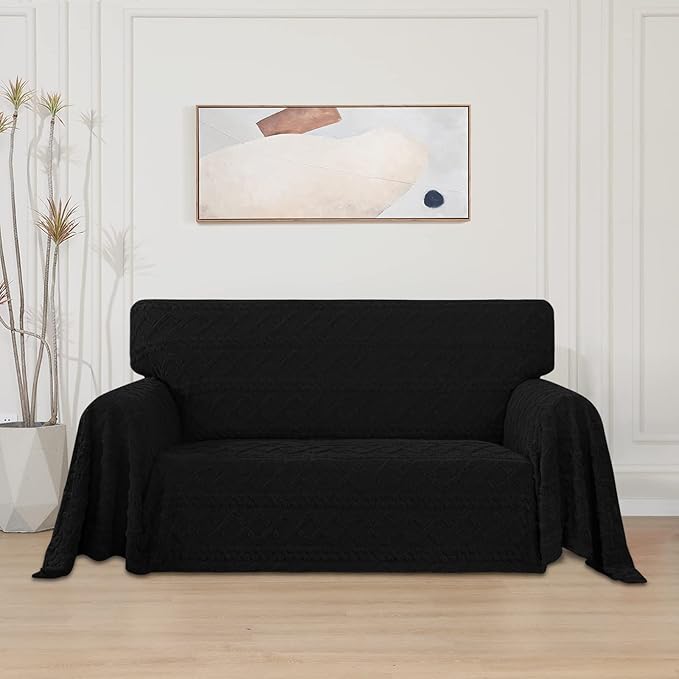 Easy-Going 80X118 inches Loveseat Sofa Cover, Jacquard Velvet Couch Slipcover for 2 Cushion Couch, L Shape Sectional Covers for Dogs, Washable Sofa Blanket, Furniture Protector for Pets, Black