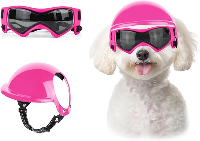Lesypet Dog Goggles with Helmet for Small Dogs, Anti-UV Wind Protection Pet Sunglasses and Helmet Set Ear Hole Adjustable Strap Outdoor Walking Motorcycling Driving, Pink