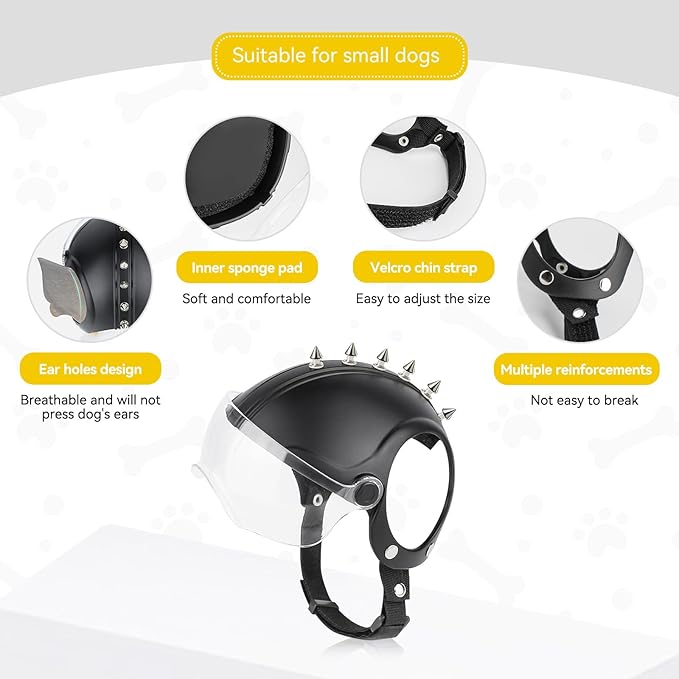 PETLESO Small Dog Helmet, Pet Motorcycle Helmet with Ear Holes, Adjustable Pet Safety Hat with Flip-Up Clear Visor, Small-Medium Puppy Heads Protection, Spiked