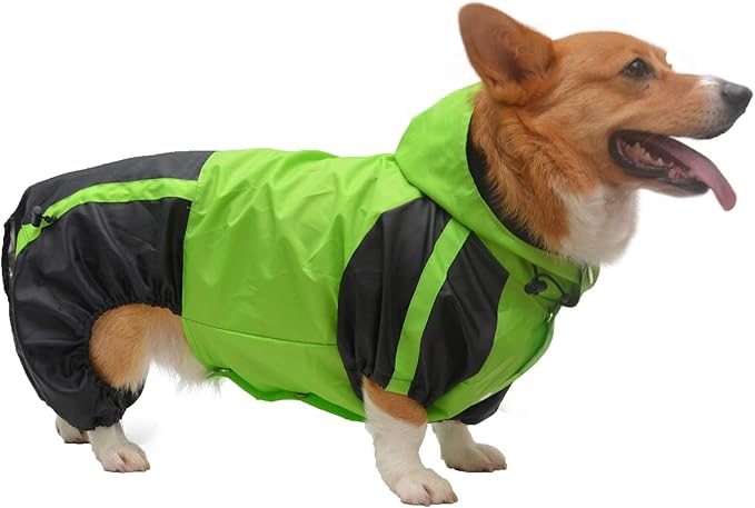 Lovelonglong Welsh Corgi Dog Hooded Raincoat, Dachshund Rain Jacket Poncho Waterproof Clothes with Hood Breathable 4 Feet Four Legs Rain Coats for Corgis Dachshund Green D-S
