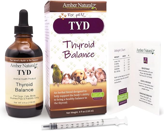 Amber NaturalZ TYD Thyroid Balance Herbal Supplement for Dogs, Cats, Birds, Guinea Pigs, and Rabbits | Herbal Pet Supplement for Thyroid Health | 4 Fluid Ounce Glass Bottle | Manufactured in The USA