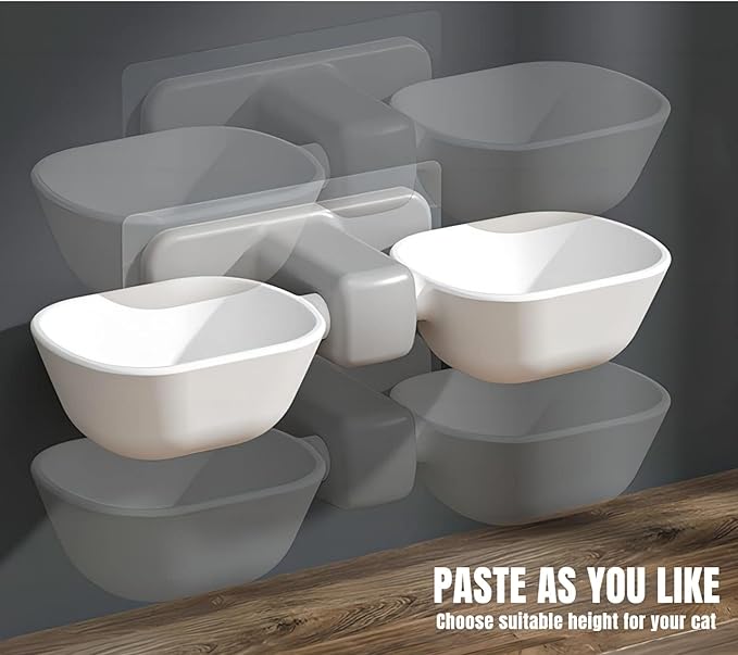 Dog Proof Cat Bowls, Wall Mounted Cat Food and Water Double Bowls Set, Elevated Pet Dish Feeding Station, White