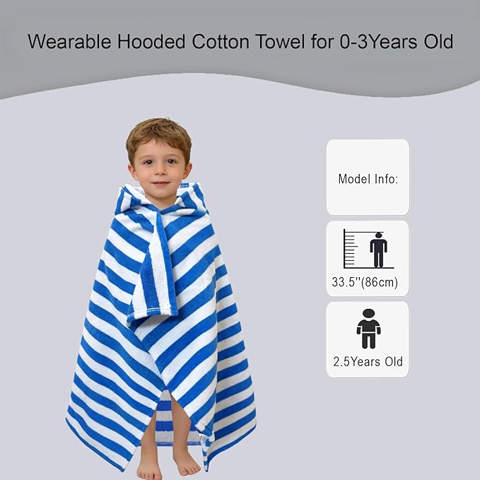 VOOVA & MOVAS Toddler Hooded Bath Towels 0-3T, 25''X40, Soft | Thick | 100% Cotton | Absorbent Towel Wrap for Baby, Perfect for Beach, Pool, Bath, Swimming,Blue Stripe