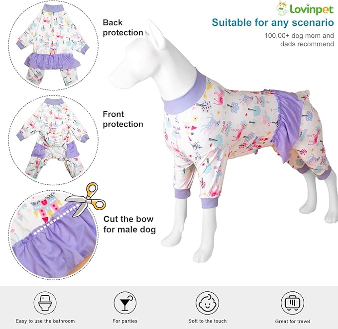 LovinPet 3XL Dog Pjs - High Collar Cotton Dog Onesie, UV Protection, Post Surgery Recovery Shirt,Lightweight Stretchable Fabric, Fairytale Print, Pet Pajamas for Dogs, Purple 3XL