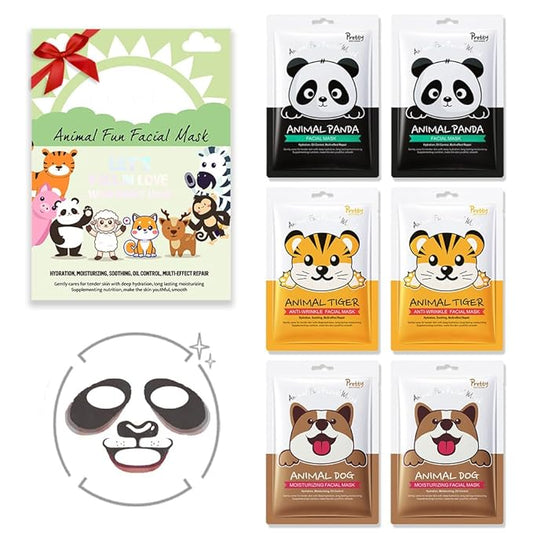 evpct 6-Pack Animal Sheet Face Facial Masks for Women Skincare Spa, Cute Facial Spa Day Slumber Sleepover Birthday Party Favors Supplies Kit, Natural Ingredients, Hydrate and Soothe for All Skin Types