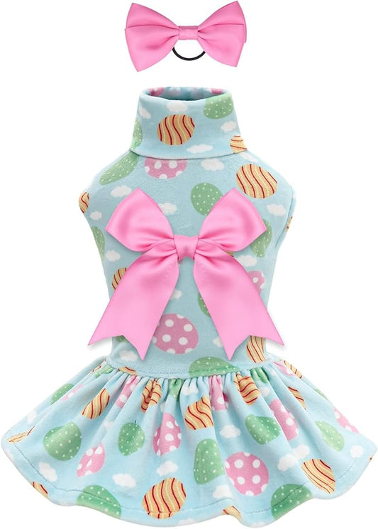 CuteBone Turtleneck Dog Velvet Dress Easter Eggs Puppy Skirt Costume Pet Clothes Cat Apparel with Bow Hair Rope for Small Dogs CVD21XS