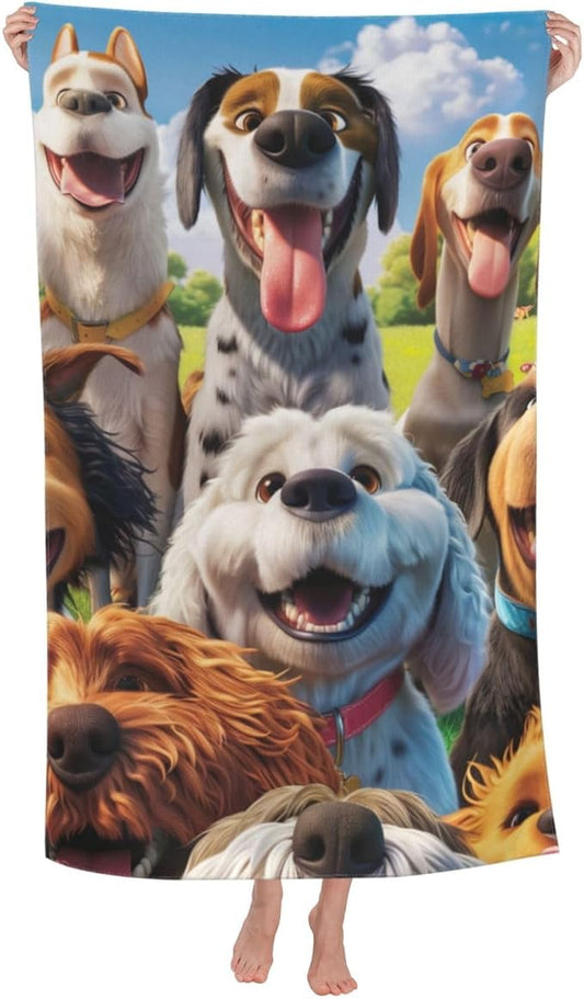 Funny Selfie Dogs Beach Towel for Women, Girls, Kids, Men, Cartoon Dogs Bath Towel Print 52" x 32" Pool Towel Super Soft Plush Cotton Dogs Towel