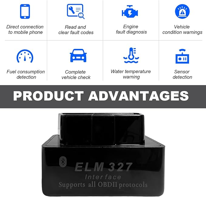 OBDII Car Auto Diagnostic Scanner, ELM327 Automotive Bluetooth Scan Tool and Code Reader, Professional Car Bluetooth Engine Fault Code Reader, Universal Car Accessories (Black)