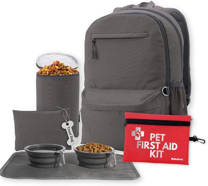 The Original Doggy Bag Backpack (Dark Grey) – Dog Travel Backpack with 2 Collapsible Bowls, Treat Bag, Lined Food Container, Placemat & Dog First Aid Kit with Pet First Aid Book & Supplies
