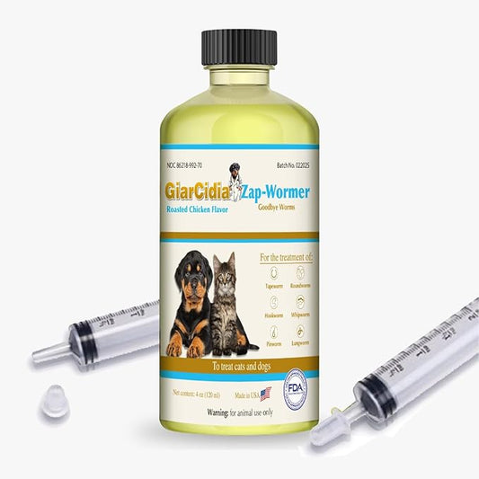 No More Worms in Cats and Dogs- Dewormer for Cats and Dewormer for Dogs - Chicken Flavour 120 mL / 4 oz Glass Bottle – Includes 3 mL Dropper with Cap