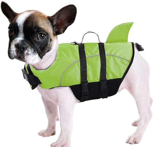 Queenmore Ripstop Dog Life Jacket Shark Life Vest for Dogs, Safety Lifesaver with High Buoyancy and Lift Handle for Small and Medium Breeds（Green M）