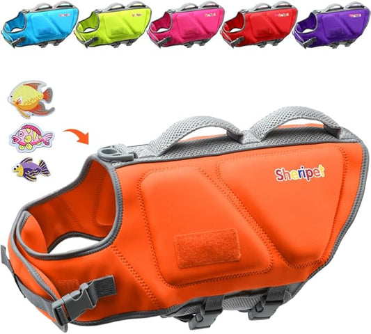 Dog Life Jacket for Large Dogs, Dog Life Vest for Swimming with Three Fashion Fabric Patches, Pet Safety Lifepreserver with Reflective Stripes and Two Rescue Handle, Dogs Flotation Vest, XL