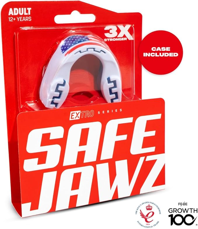 SAFEJAWZ Mouth Guard, Dual Layer Mouthguard for Adults with Case, Easy Fit Remoldable Mouthpiece for Football, Boxing, Lacrosse, MMA, Basketball & All Contact Sports (Adult 12+ Years, American Flag)