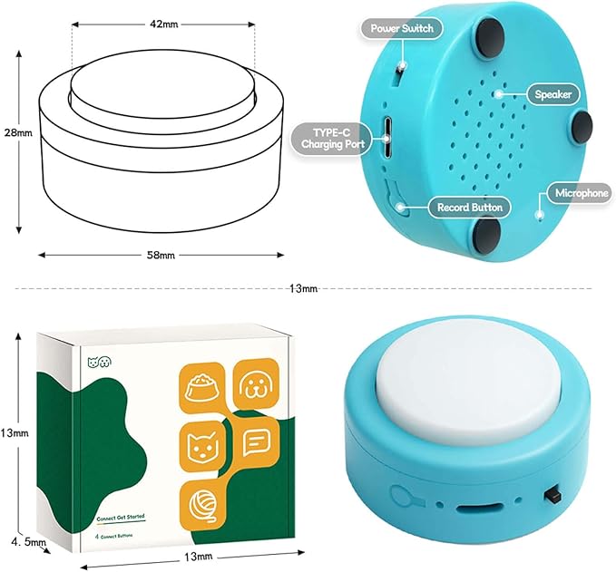 Set of 4 Small Voice Recording Buttons, Loud Clear Dog Cat Recorder for Animal Communication, Blue Pet Training Talking Buzzer, Rechargeable 30s Record & Playback Starter Set for Home Office