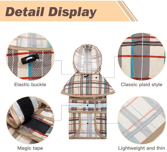 KOOLTAIL Dog Raincoat Hooded Slicker Poncho with Leash Hole, Raincoat for Small Medium Dogs, Waterproof Doggie Rain Jacket with Reflective Strip, Adjustable Breathable Plaid Puppy Rainwear,Beige S