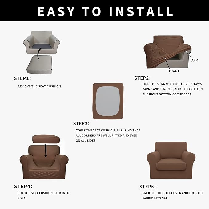 Easy-Going 100% Dual Waterproof 2 Pieces Chair Cover Stretch Soft Couch Cover for Dogs, Sofa Slipcover for 1 Separate Cushion Couch Leakproof Furniture Protector for Kids, Pets Brown