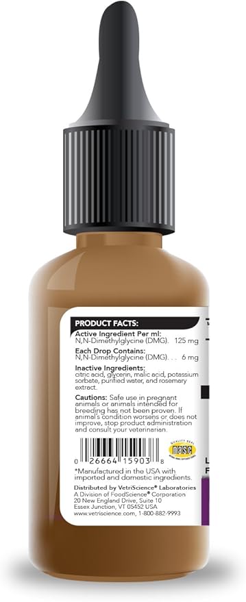 VetriScience DMG Immunity Health Easy-Dose Liquid, Immune Support Supplement for Cats and Dogs, Hypoallergenic, Support Performance, Stamina, Immune Response, (Dimethylglycine), 30 ml