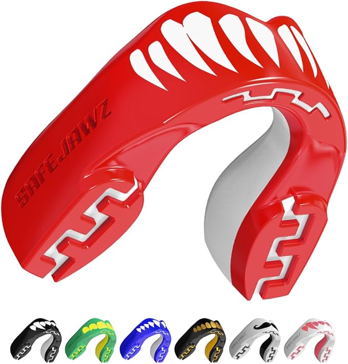 SAFEJAWZ Mouth Guard, Dual Layer Mouthguard for Adults with Case, Easy Fit Remoldable Mouthpiece for Football, Boxing, Lacrosse, MMA, Basketball & All Contact Sports (Adult 12+ Years, Viper Red)