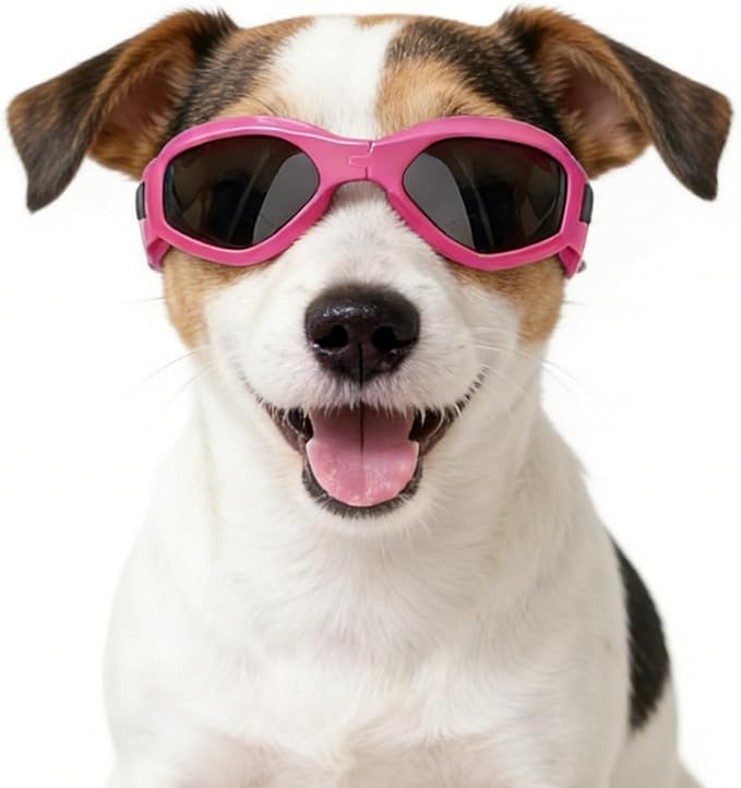 Enjoying Dog Sunglasses Medium Breed, Dog Goggles UV Protection, Cycling Eye Protection for Medium-Small Dogs, Outdoors Breathable Windproof Dustproof Anti-Fog, Adjustable Straps, Heart Pink
