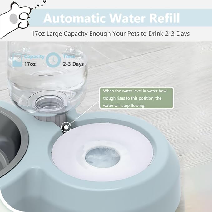 Dog Bowls, Puppy Cat Food and Water Bowl Set with Water Dispenser and Stainless Steel Bowl Non-Slip Mat, Detachable Gravity Pet Feeder and Waterer Set for Cats Dogs Puppy Rabbit (Grey)