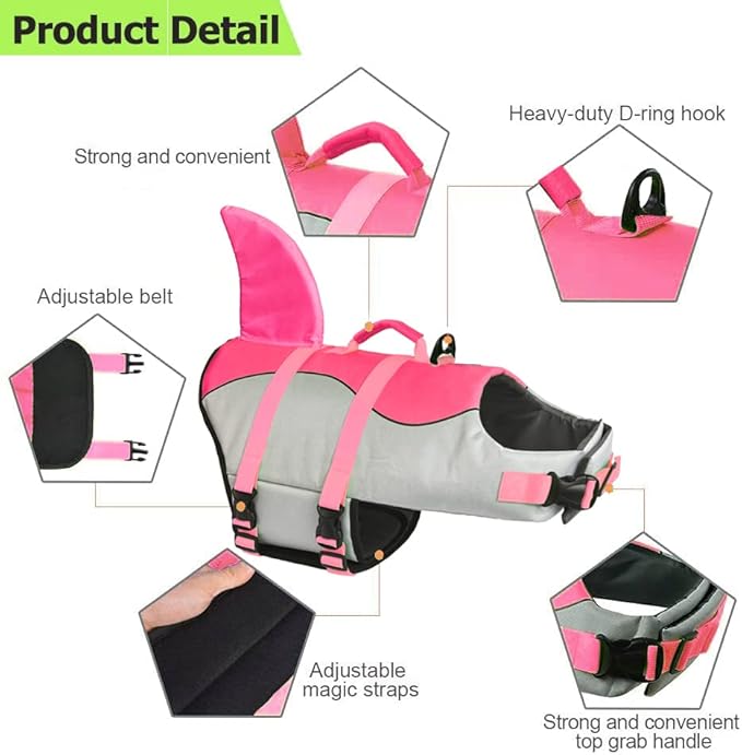 Fragralley Shark Dog Life Jacket, Adjustable Dog Life Vest with Shark Fin, Suit for Small Medium Large Dog Life Vest for Swimming and Boating
