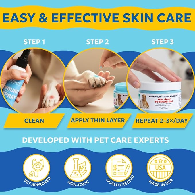 Forticept BlueButter Dog Wound Care Gel, Hot Spot Treatment for Dogs, Itch Relief, Moisturizing, Prevents Infection, Scratches & Skin Ulcers, Cracked Paw Pads Gel, 3 Ounces (3 OZ)