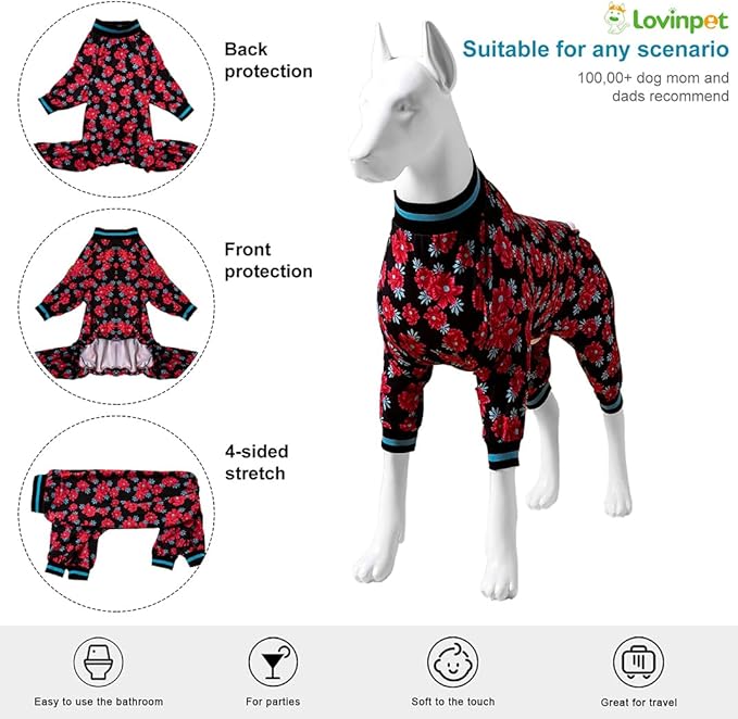 Dog Pajamas Apparel for Large Dogs - Large Dog Jammies, Floral Navy & Ruby Print, Lightweight Pullover Pet Pajamas, Full Coverage Dog Pjs,2XL