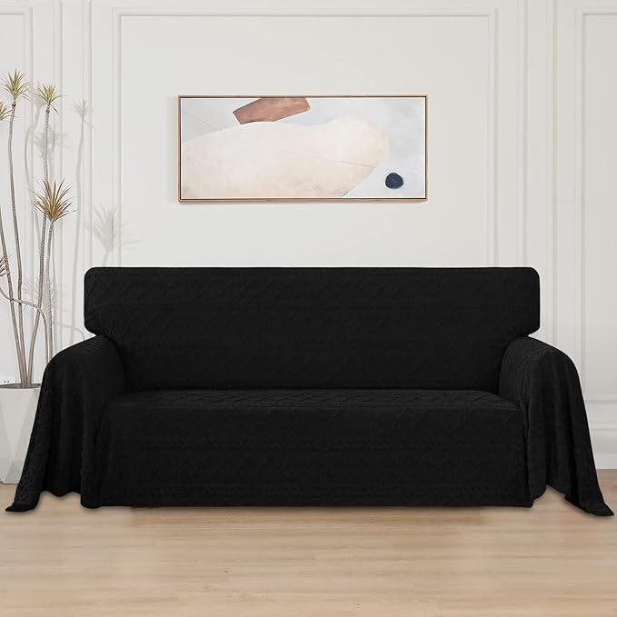 Easy-Going 80X133 inches Sofa Cover, Jacquard Velvet Oversized Couch Slipcover for 3 Cushion Couch, L Shape Sectional Covers for Dogs, Washable Sofa Blanket, Furniture Protector for Pets, Black