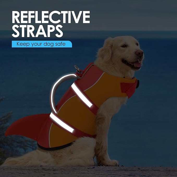 AOFITEE Dog Life Jacket, Dog Life Vest for Swimming, Shark Dogs Swimming Vest with Rescue Handle and Reflective Stripe, Ripstop Pet Float Coat Swimsuit Lifesaver Small Medium Large Dogs Orange XL