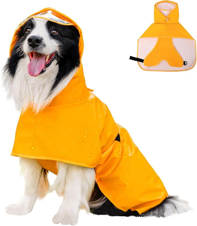Dog Raincoat, Waterproof Windproof Dog Rain Jacket with Hood, Rain Coat with Leash Hole, Adjustable Raincoat Poncho for Small Medium Large Dogs Outdoor (Yellow, S)