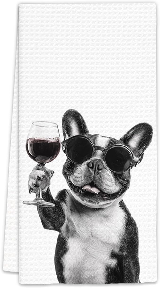 French Bulldog Gifts Wine Dog Kitchen Towels, Gifts for French Bulldog Wine Lovers Decorative Hand Dish Towel for Kitchen Home Bar,Funny Frenchie WineLover Home Bar Kitchens Decor(16x24In)