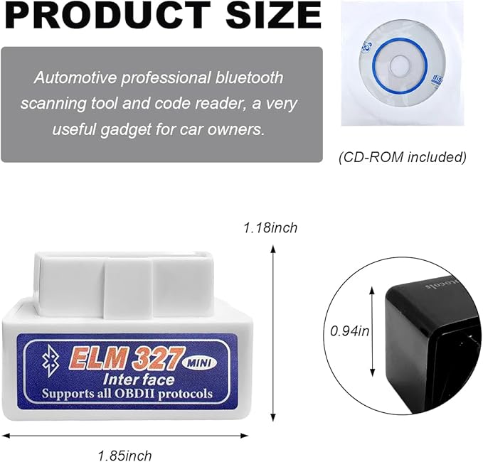 OBDII Car Auto Diagnostic Scanner, ELM327 Automotive Bluetooth Scan Tool and Code Reader, Professional Car Bluetooth Engine Fault Code Reader, Universal Car Accessories (White & Blue)