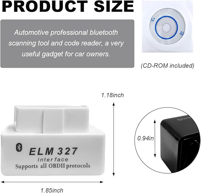 OBDII Car Auto Diagnostic Scanner, ELM327 Automotive Bluetooth Scan Tool and Code Reader, Professional Car Bluetooth Engine Fault Code Reader, Universal Car Accessories (White)