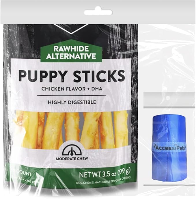 Dog Chews Bundles for Puppies and Small Dogs, Rawhide Free Alternative 5 inch Puppy Sticks Bundle with 1 Waste Bag Roll, Dental Treats for Moderate Chewers (Chicken, 3.5 oz)