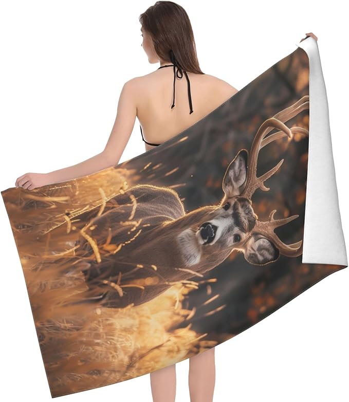 Autumn Deer Beach Towel,32x52in Microfiber Quick Dry Majestic Buck Fall Forest Golden Field Bath Towels,Soft Lightweight Oversized Sand Free,for Travel Pool Swimming Gym Decor,Gifts