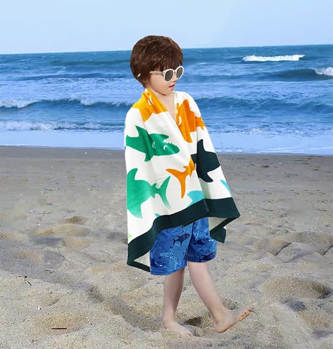 YIFONTIN Kids Beach Towel Super Soft Absorbent Cotton Velour Terry Blanket Throw 24"X48" for Bath Travel Camping Picnic Swimming Pool, Shark Group.