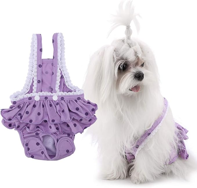 Female Dog Diapers, Cotton Sweet Dots Sanitary Pantie Breathable Menstrual Pants with Adjustable Suspender Washable Pet Underwear Diaper Doggie Period Panties for Pet Dog Puppy