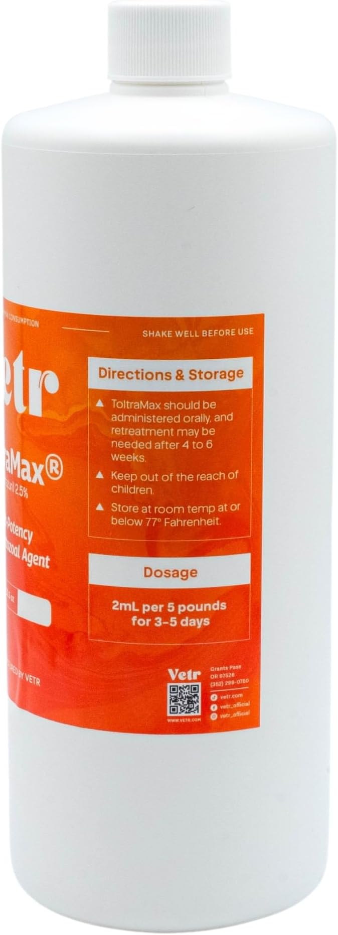 Toltrazuril 2.5% for Horses, Dogs, Cats, 960mL/32.4 Ounce, for Non-Food Chain Animals