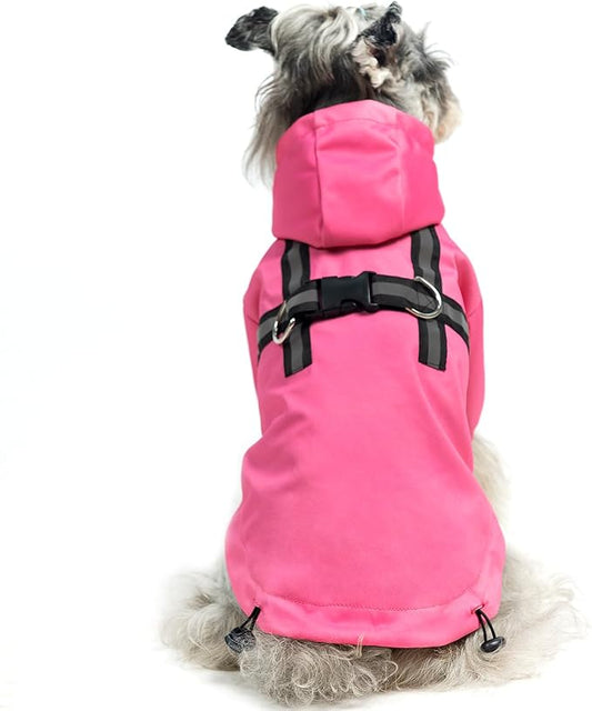 PUPTECK Dog Raincoat with Hood & Harness Built-in, Waterproof Dog Rain Jacket Slicker Poncho Reflective Vest Clothes for Rainy Snowy Winter Cold Days, Fuschia S
