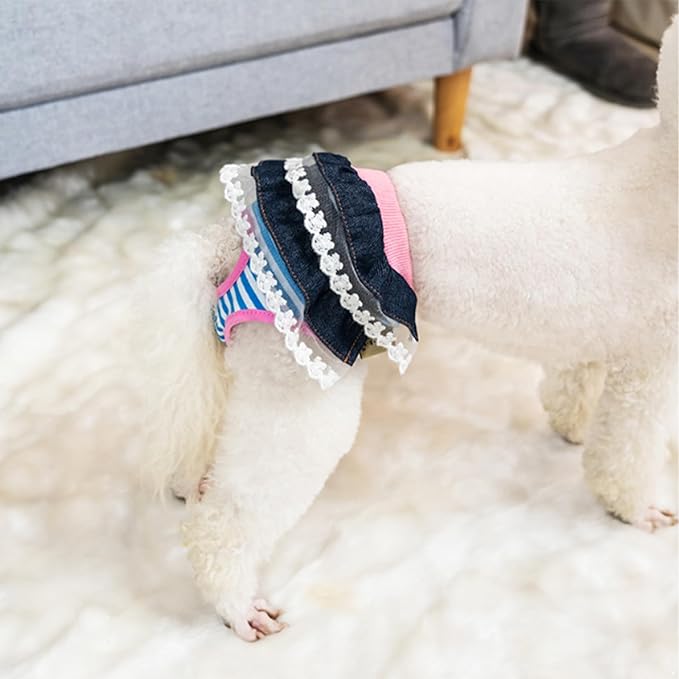 Dog Diapers Female in Heat Reusable Washable Pet Sanitary Panties Absorbent Leak-Proof Design with Tail Hole Denim Blue Large